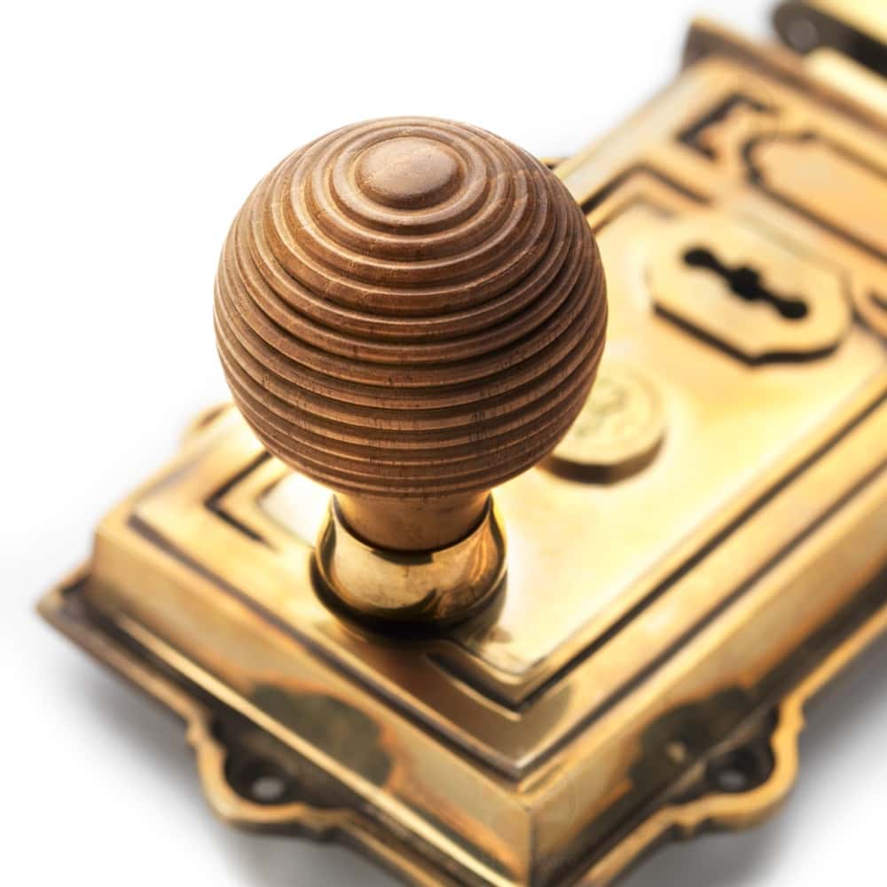 Aged Brass Davenport Rim Lock Teak Aged Brass Beehive Knobs