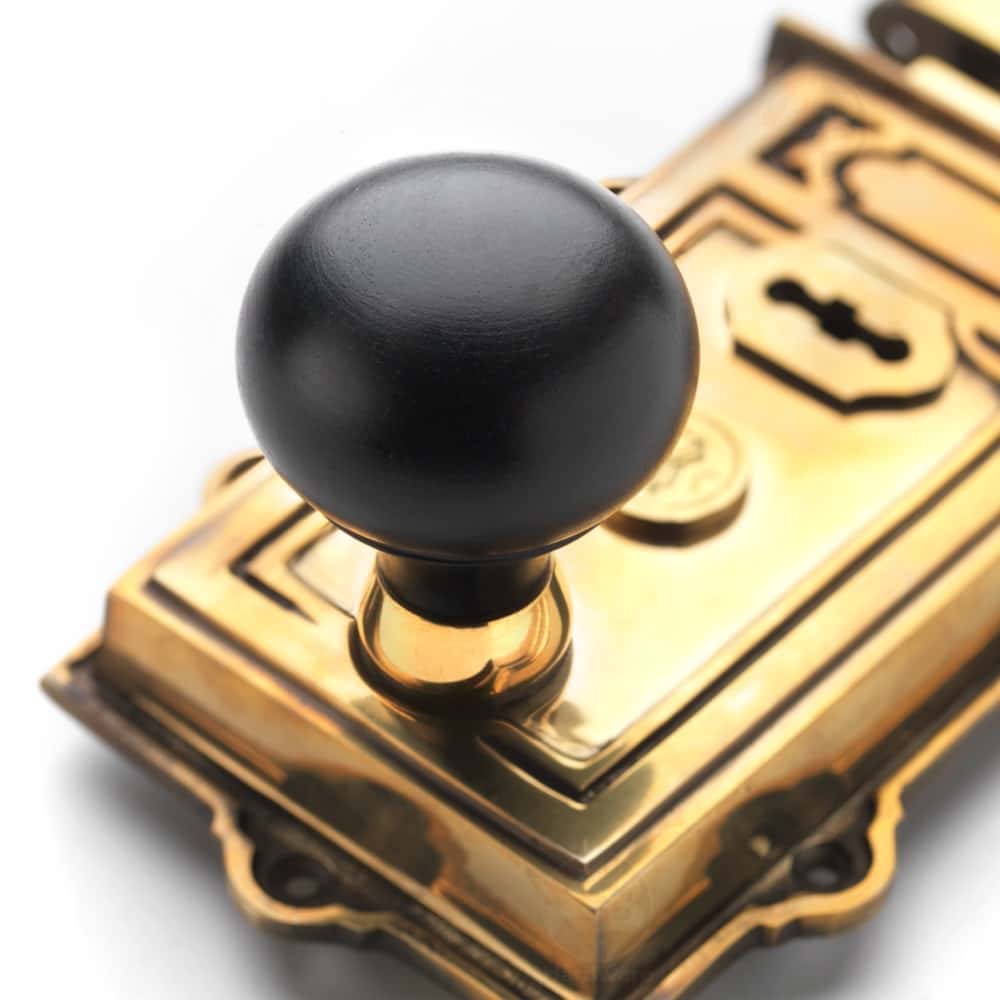 Aged Brass Davenport Rim Lock Ebonised Aged Brass Bun Knobs