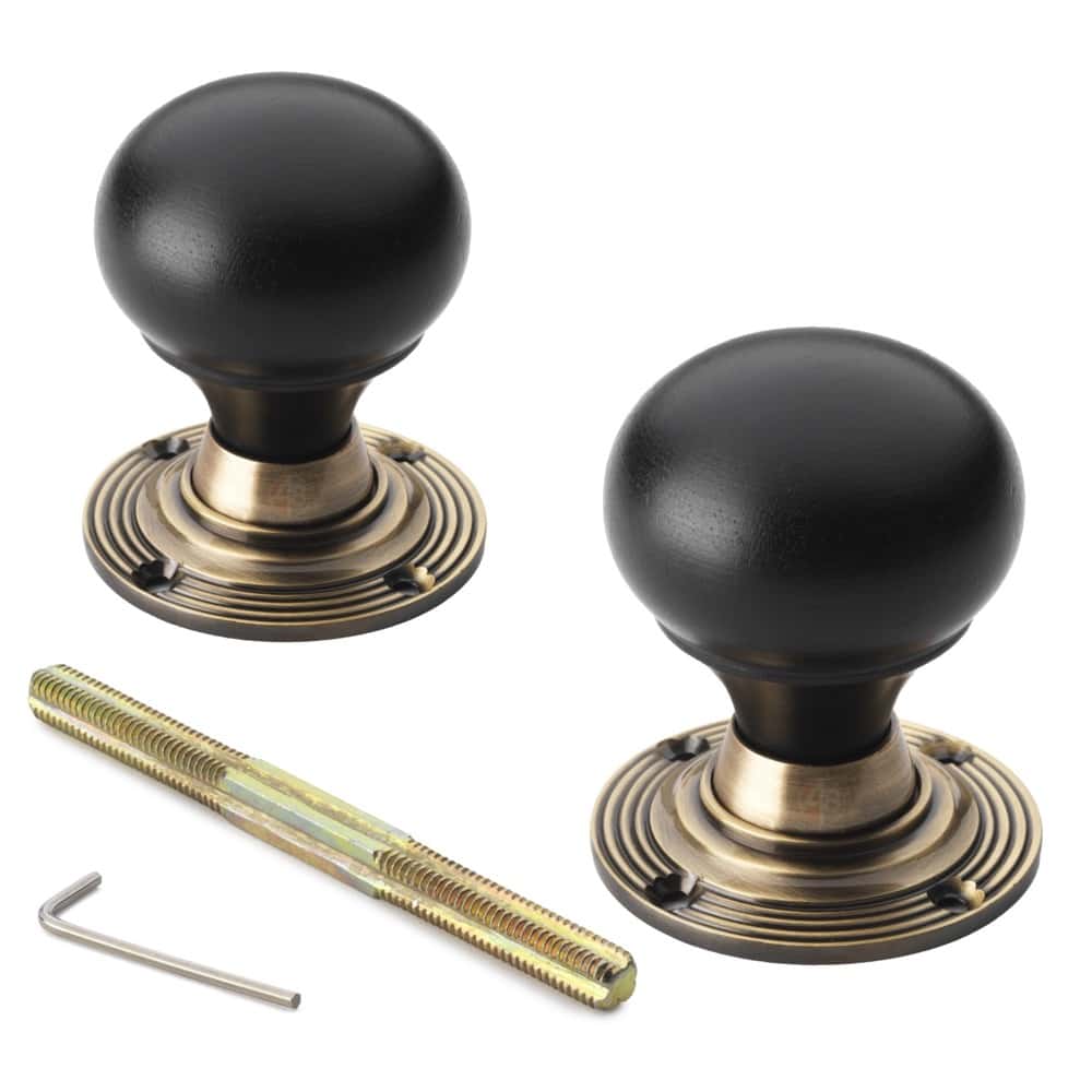 Aged Brass Davenport Rim Lock Ebonised Antique Bun Knobs