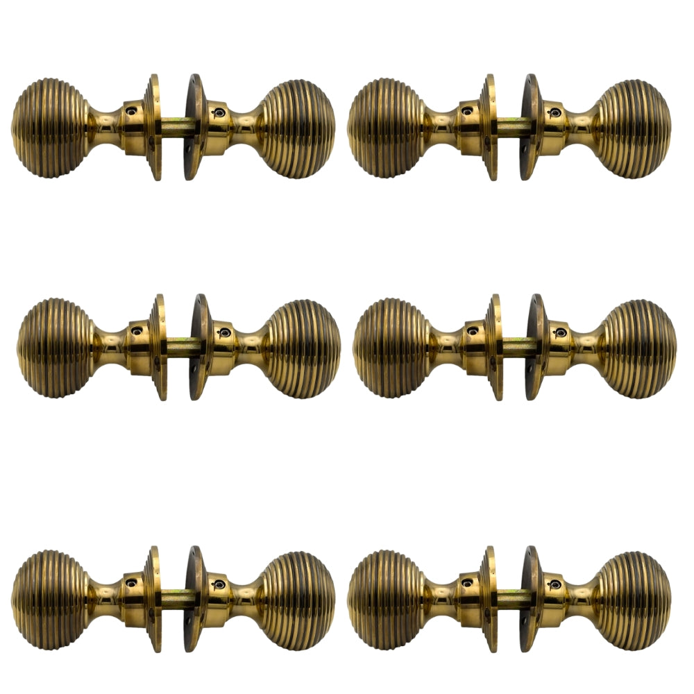 6 Solid Aged Brass Beehive Rim Mortice Door Knob Pairs