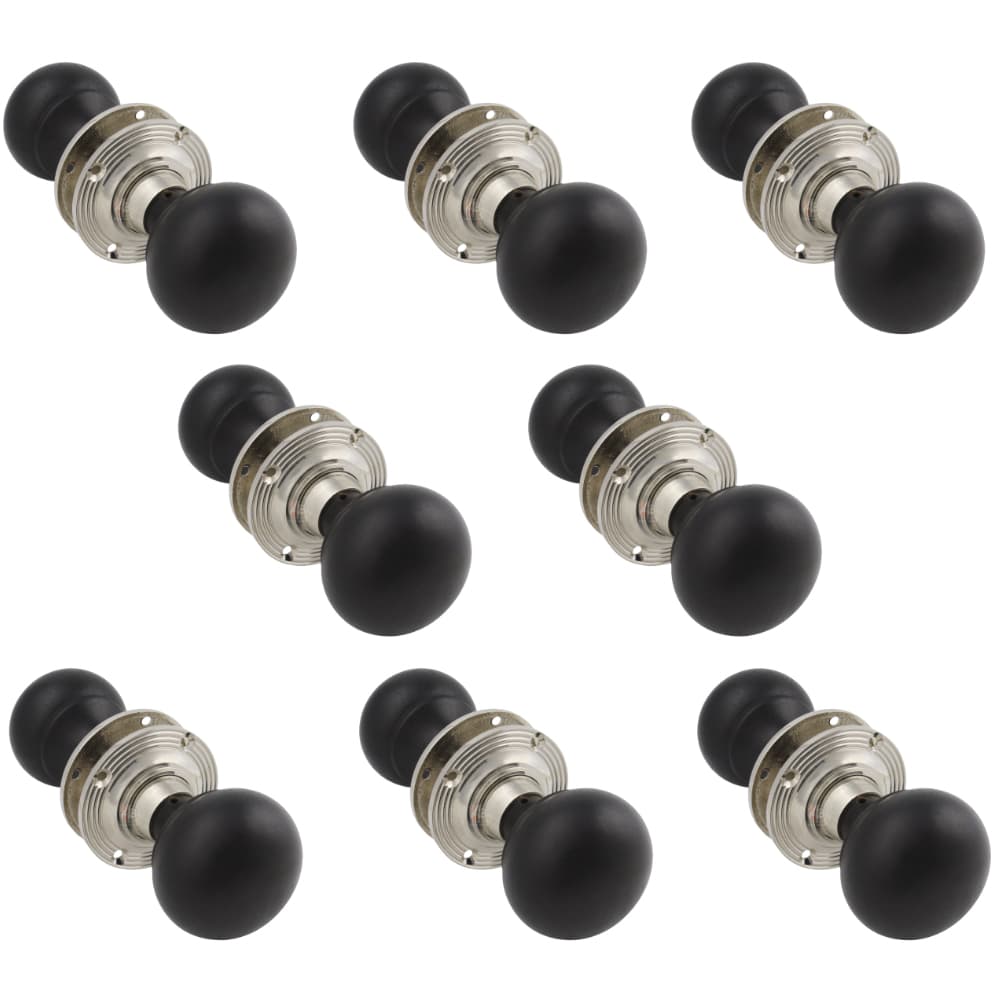 8 pairs of ebonised & polished nickel bun door knobs