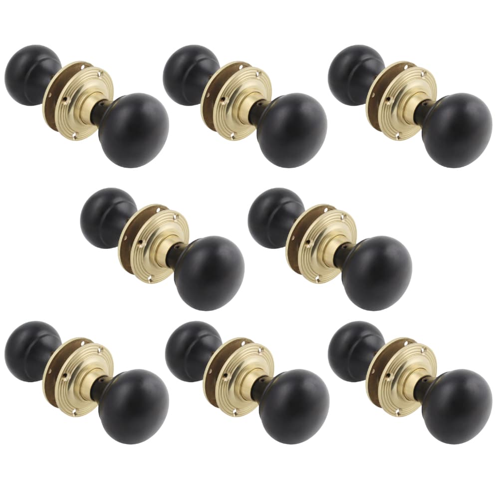 8 Pairs of Ebony & Polished Brass Bun Door Knobs