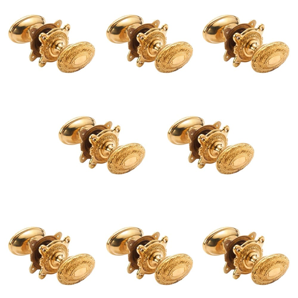 8 Pairs Of Polished Brass Floral Oval Door Knobs