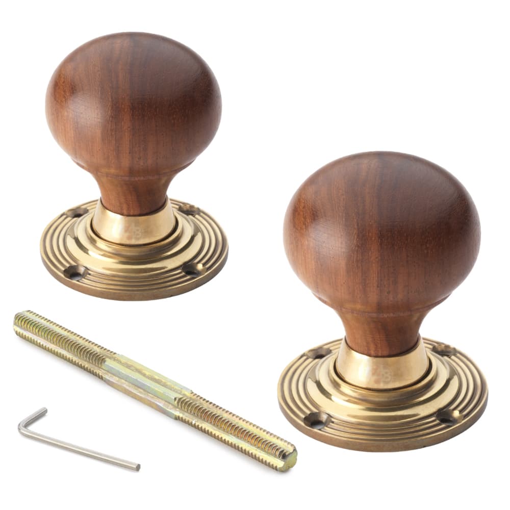 8 Pairs of Rosewood & Aged Brass Bun Door Knobs