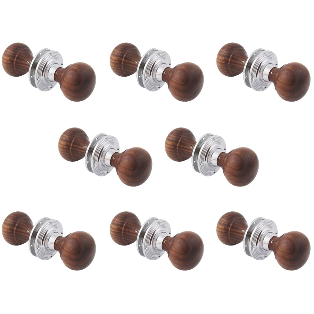 8 pairs of rosewood & polished chrome bun door knobs