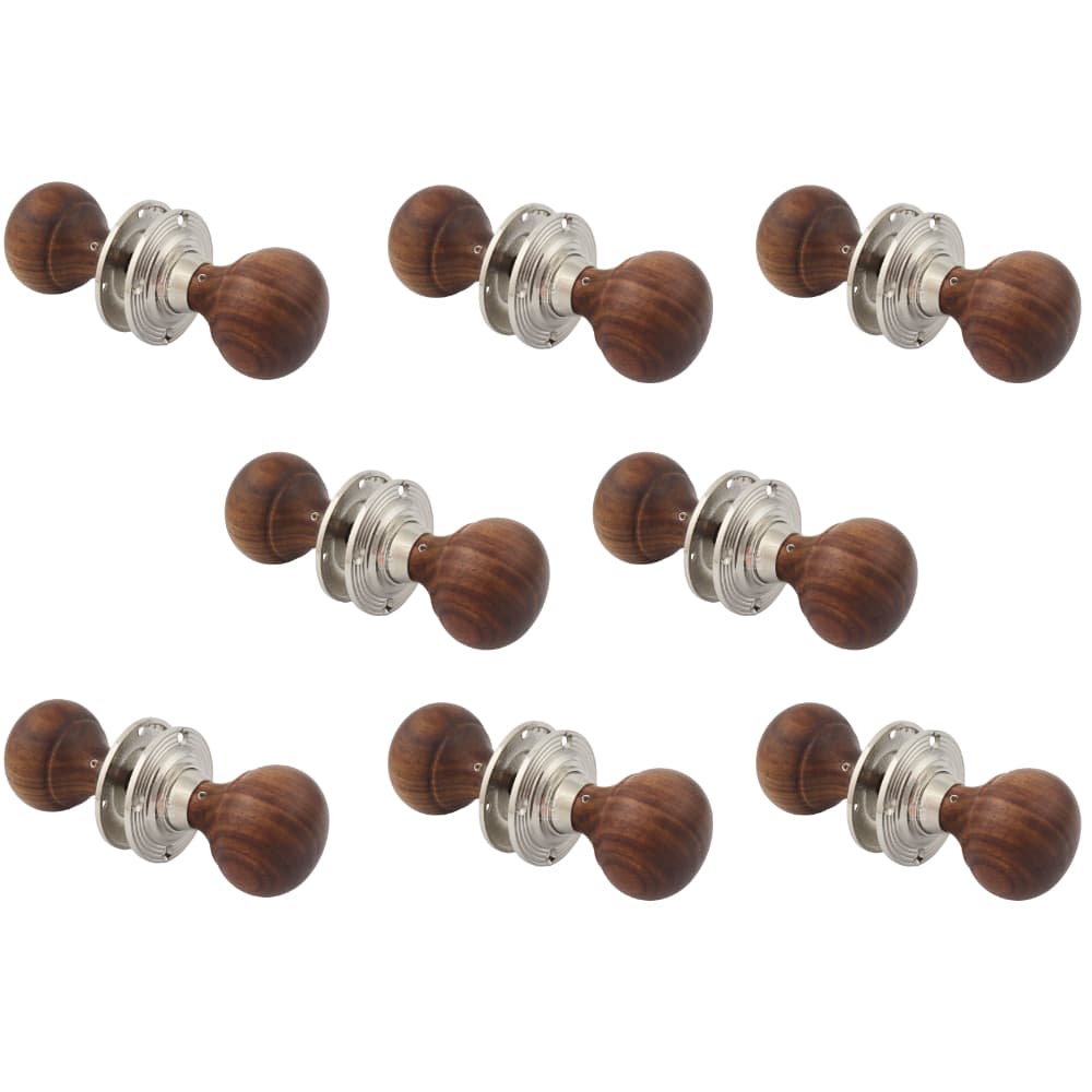 8 pairs of rosewood & polished nickel bun door knobs