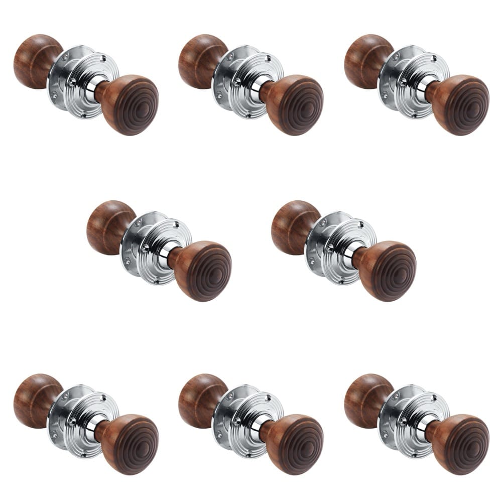 8 Pairs Of Rosewood & Polished Chrome Ringed Door Knobs