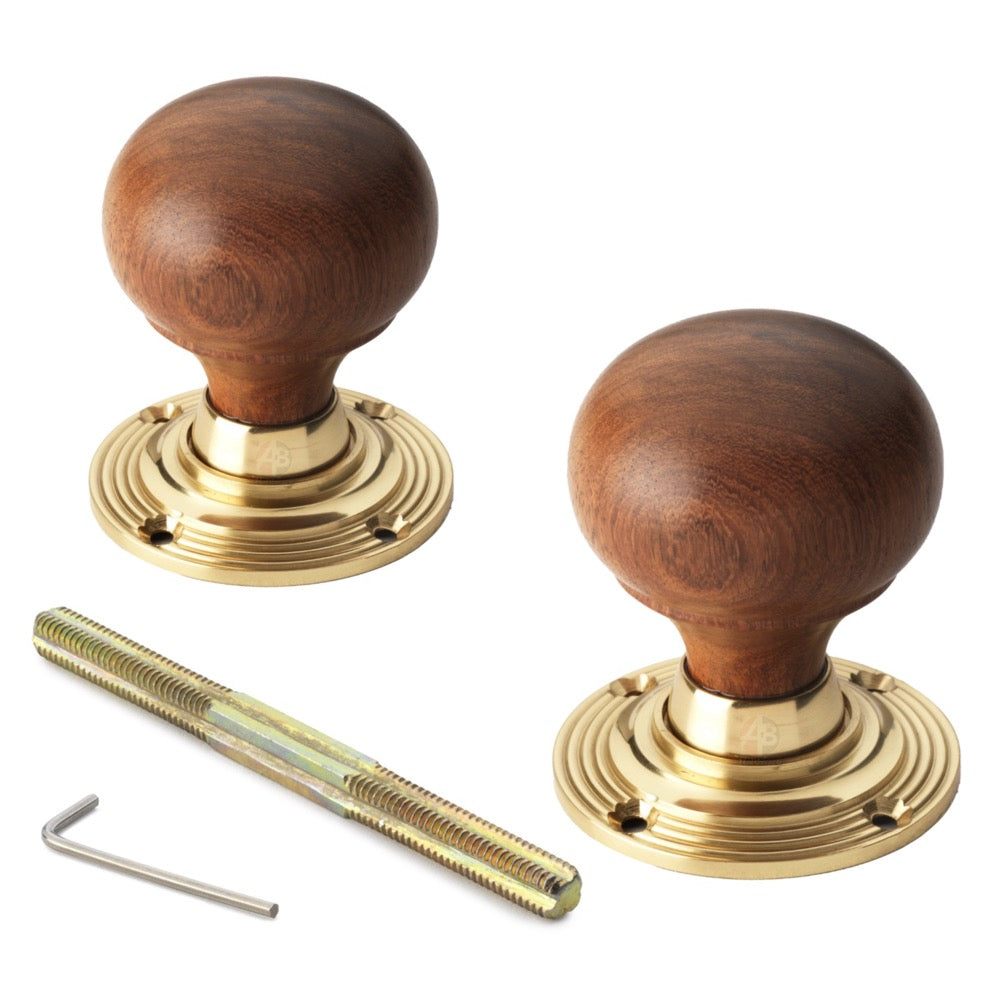 8 Pairs Rosewood & Polished Brass Bun Door Knobs