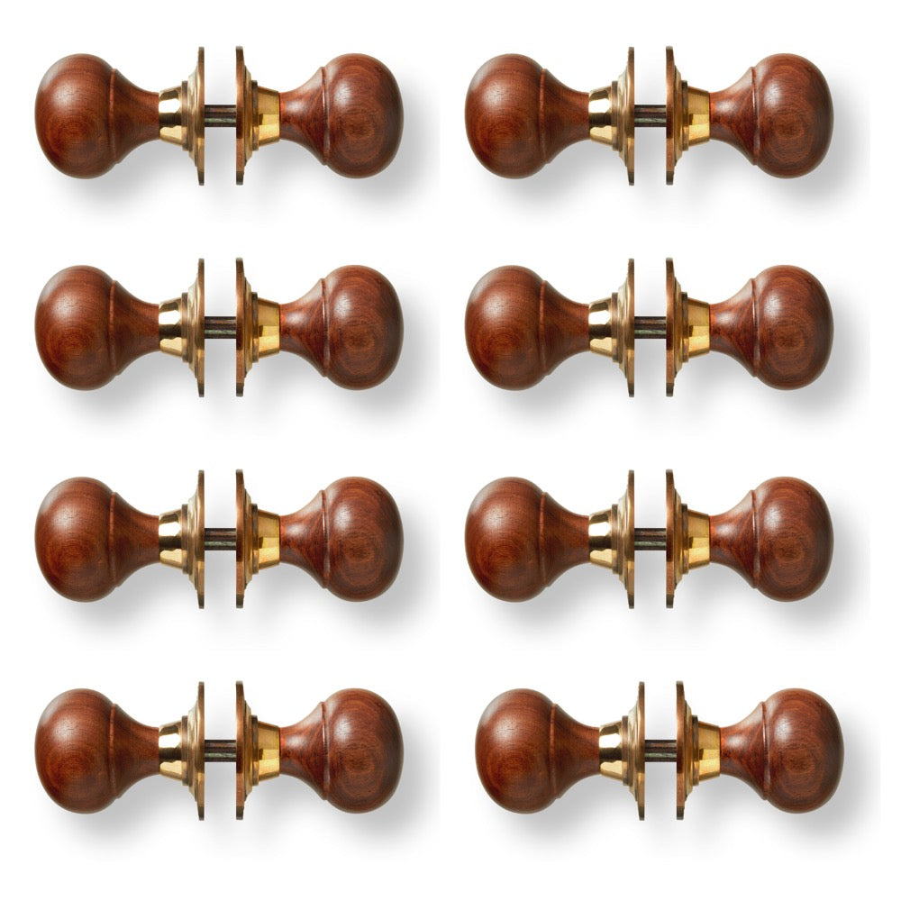 8 Pairs Rosewood & Polished Brass Bun Door Knobs