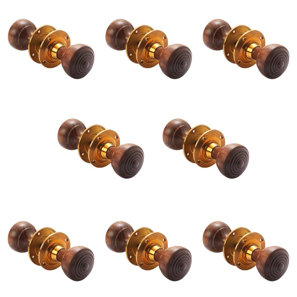 8 Pairs Rosewood & Polished Brass Ringed Door Knobs