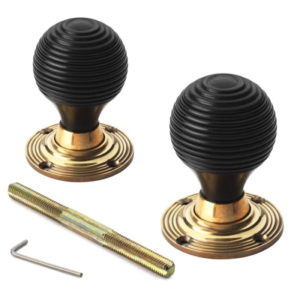 Black Antique Olde Victorian Rim Lock Ebonised Aged Brass Beehive Door Knobs