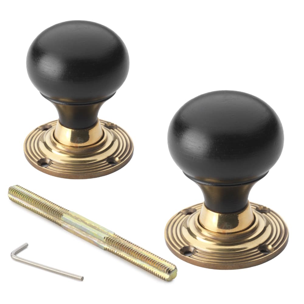 Black Antique Olde Victorian Rim Lock Ebony Aged Brass Bun Door Knobs