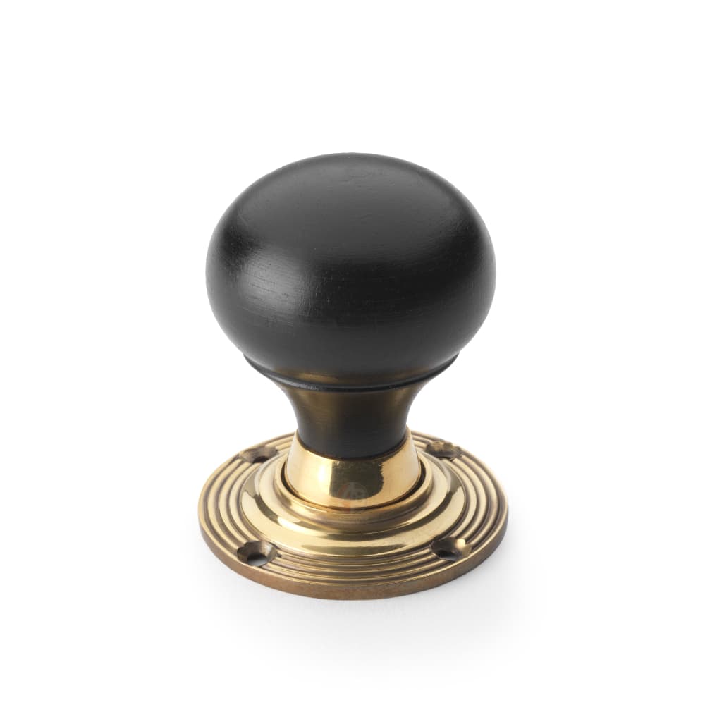 Black Antique Olde Victorian Rim Lock Ebony Aged Brass Bun Door Knobs