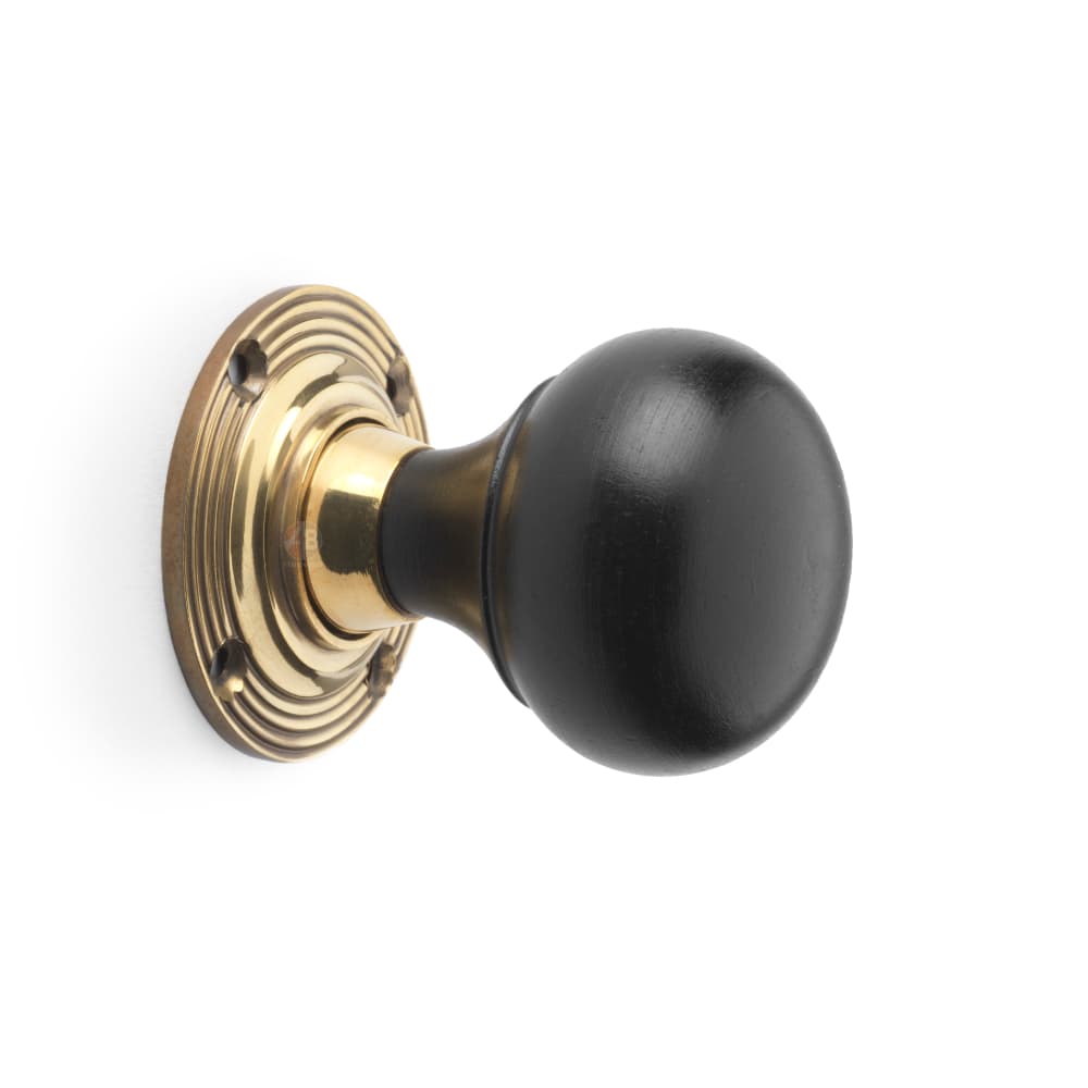 Black Antique Olde Victorian Rim Lock Ebony Aged Brass Bun Door Knobs