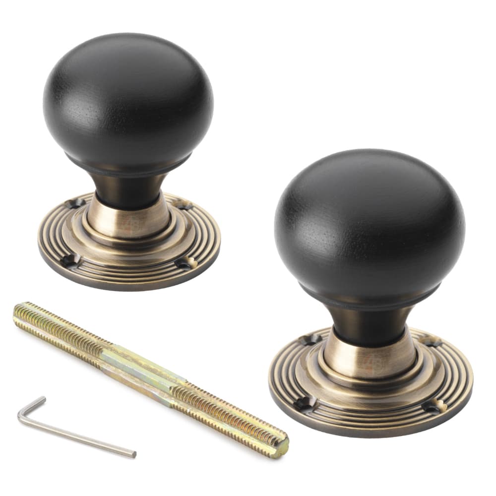 Black Antique Olde Victorian Rim Lock Ebony Antique Brass Bun Door Knobs