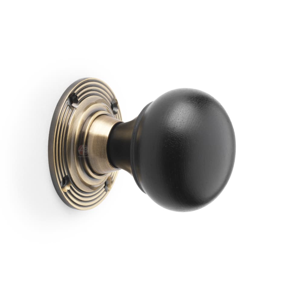 Black Antique Olde Victorian Rim Lock Ebony Antique Brass Bun Door Knobs