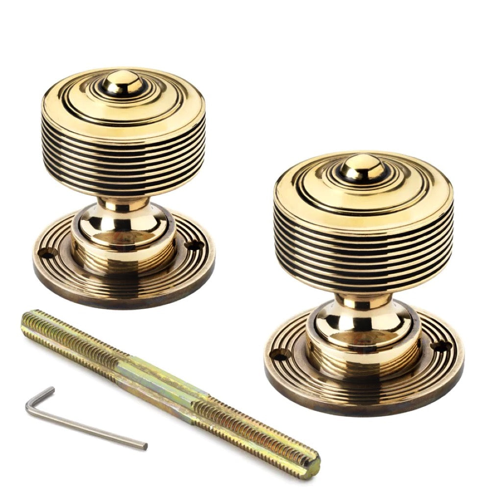 Black Brass Flanged Rim Lock Aged Brass Reeded Door Knobs