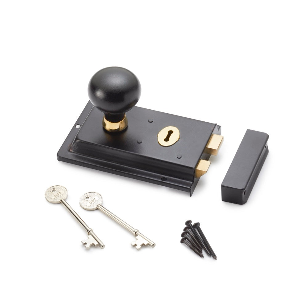 Black Brass Flanged Rim Lock Ebonised Aged Brass Bun Door Knobs