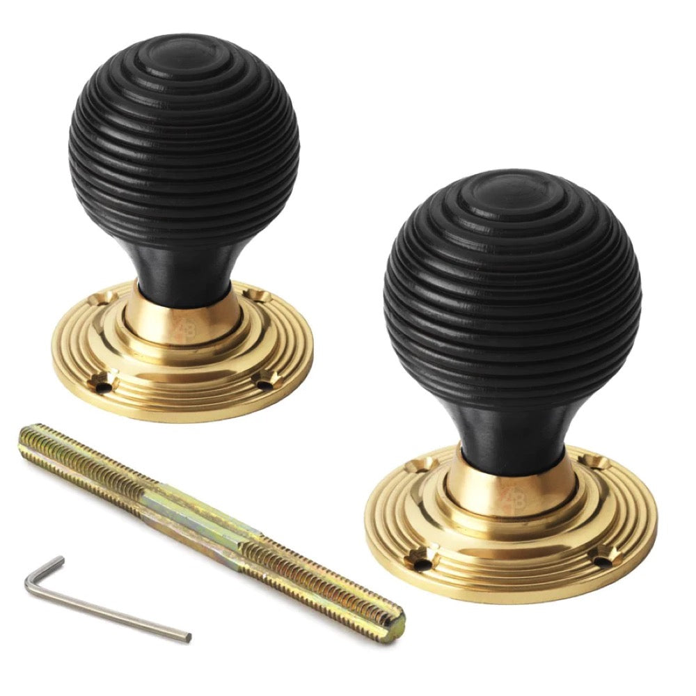 Black Brass Flanged Rim Lock Ebonised Polished Brass Beehive Door Knobs