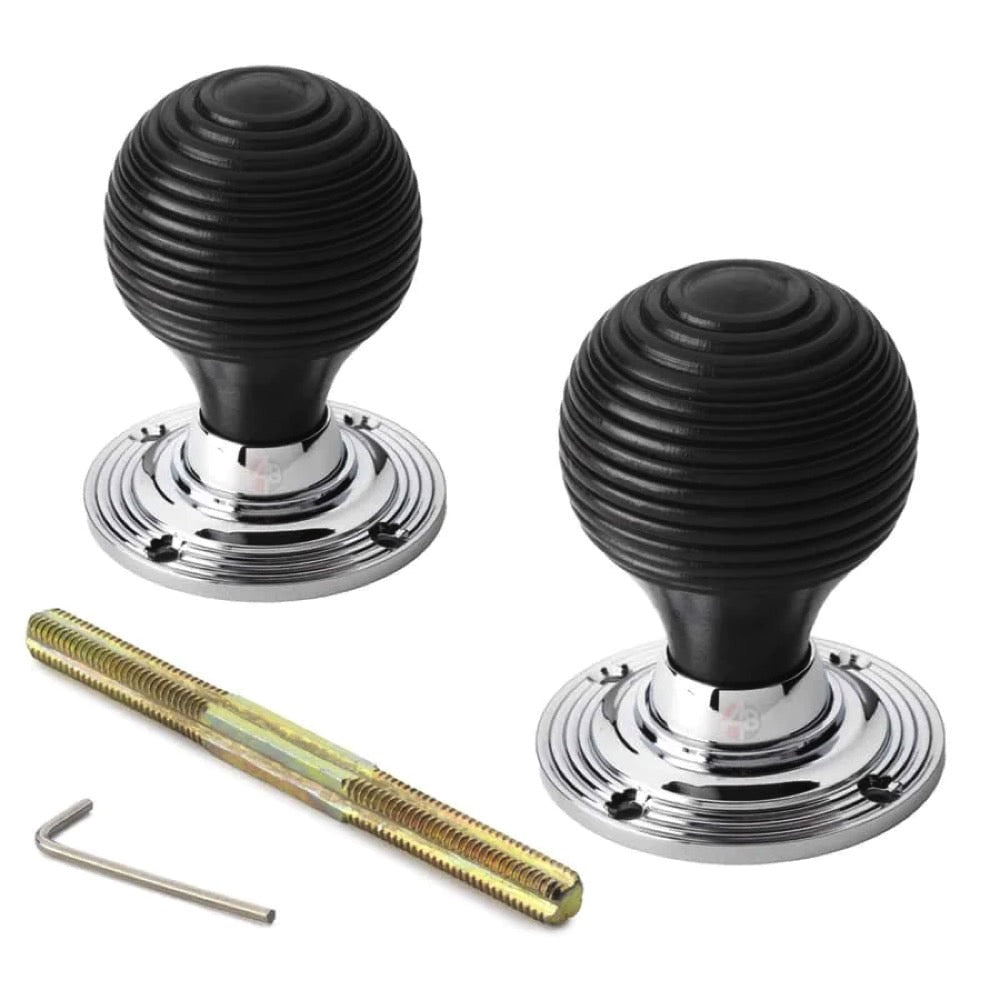 Black Brass Flanged Rim Lock Ebonised Polished Chrome Beehive Door Knobs