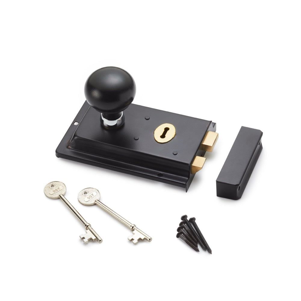 Black Brass Flanged Rim Lock Ebonised Polished Chrome Bun Door Knobs