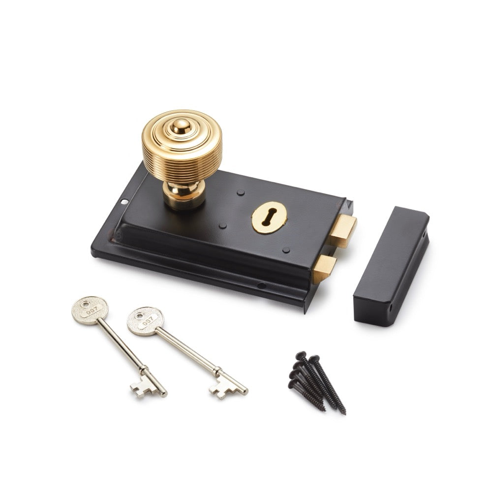 Black Brass Flanged Rim Lock Polished Brass Reeded Door Knobs