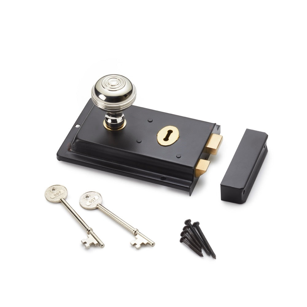 Black Brass Flanged Rim Lock Polished Nickel Bloxwich Door Knobs