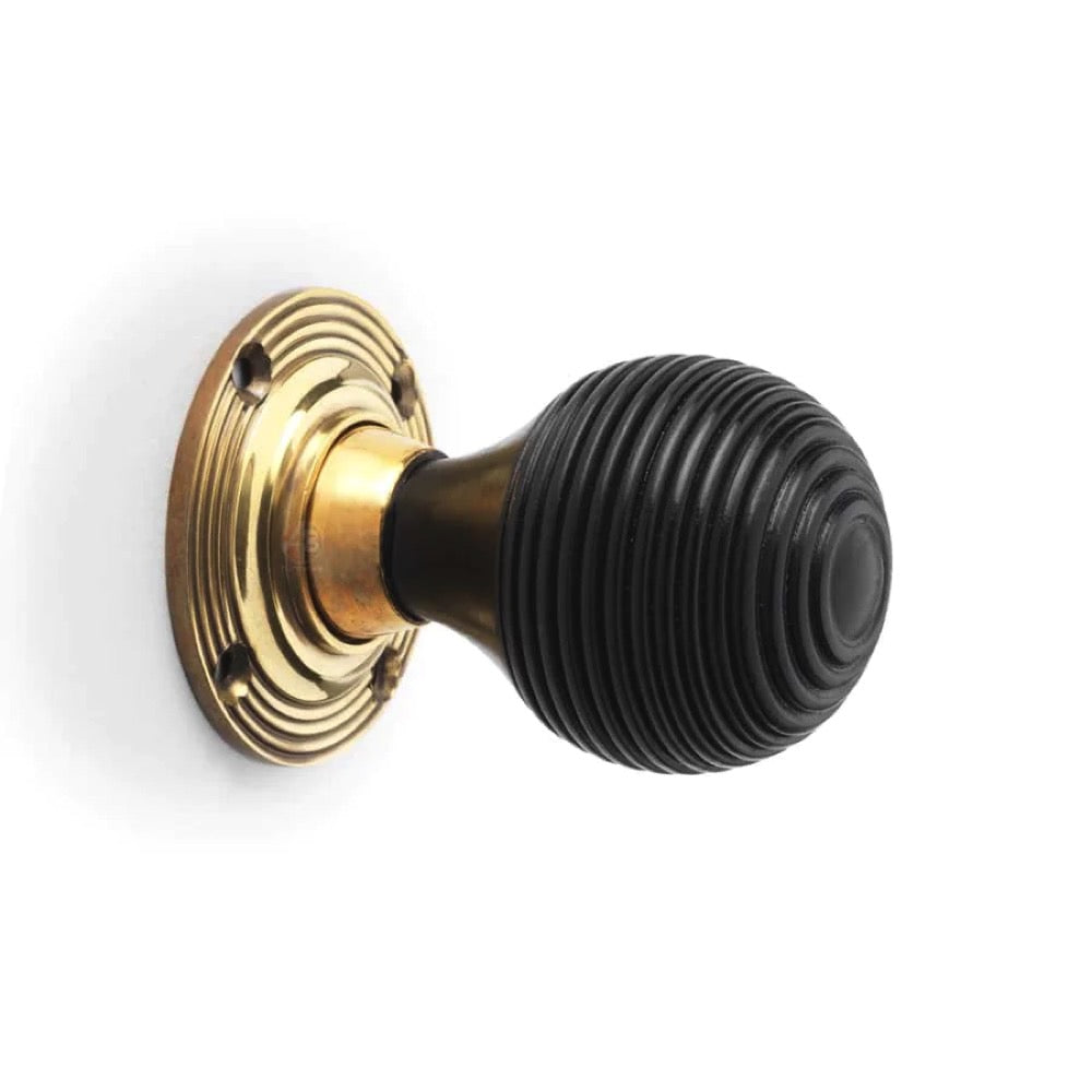 Black Brass Olde Victorian Rim Lock Ebony Aged Brass Beehive Door Knobs