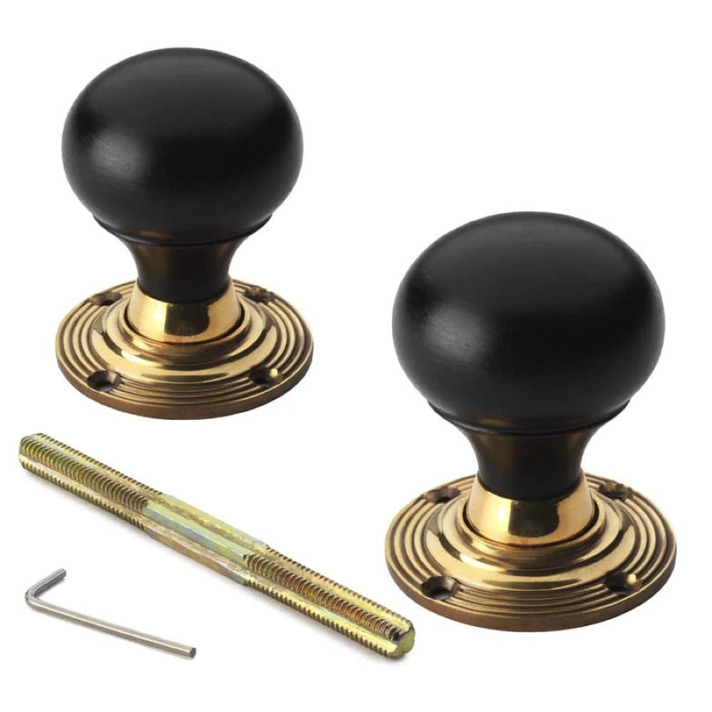 Black Brass Olde Victorian Rim Lock Ebony Aged Brass Bun Door Knobs