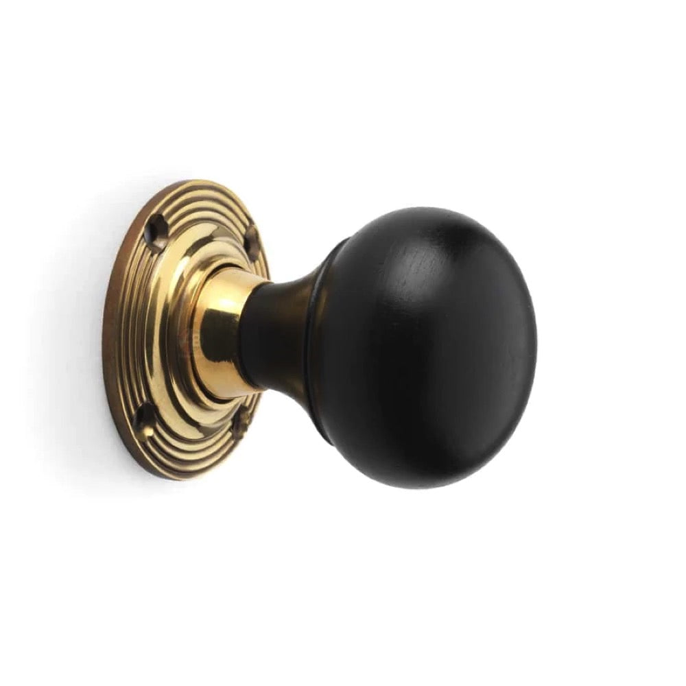 Black Brass Olde Victorian Rim Lock Ebony Aged Brass Bun Door Knobs