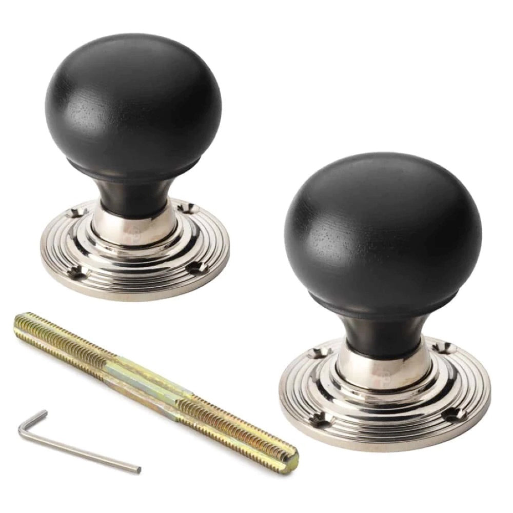 Black Brass Olde Victorian Rim Lock Ebony Polished Nickel Bun Door Knobs