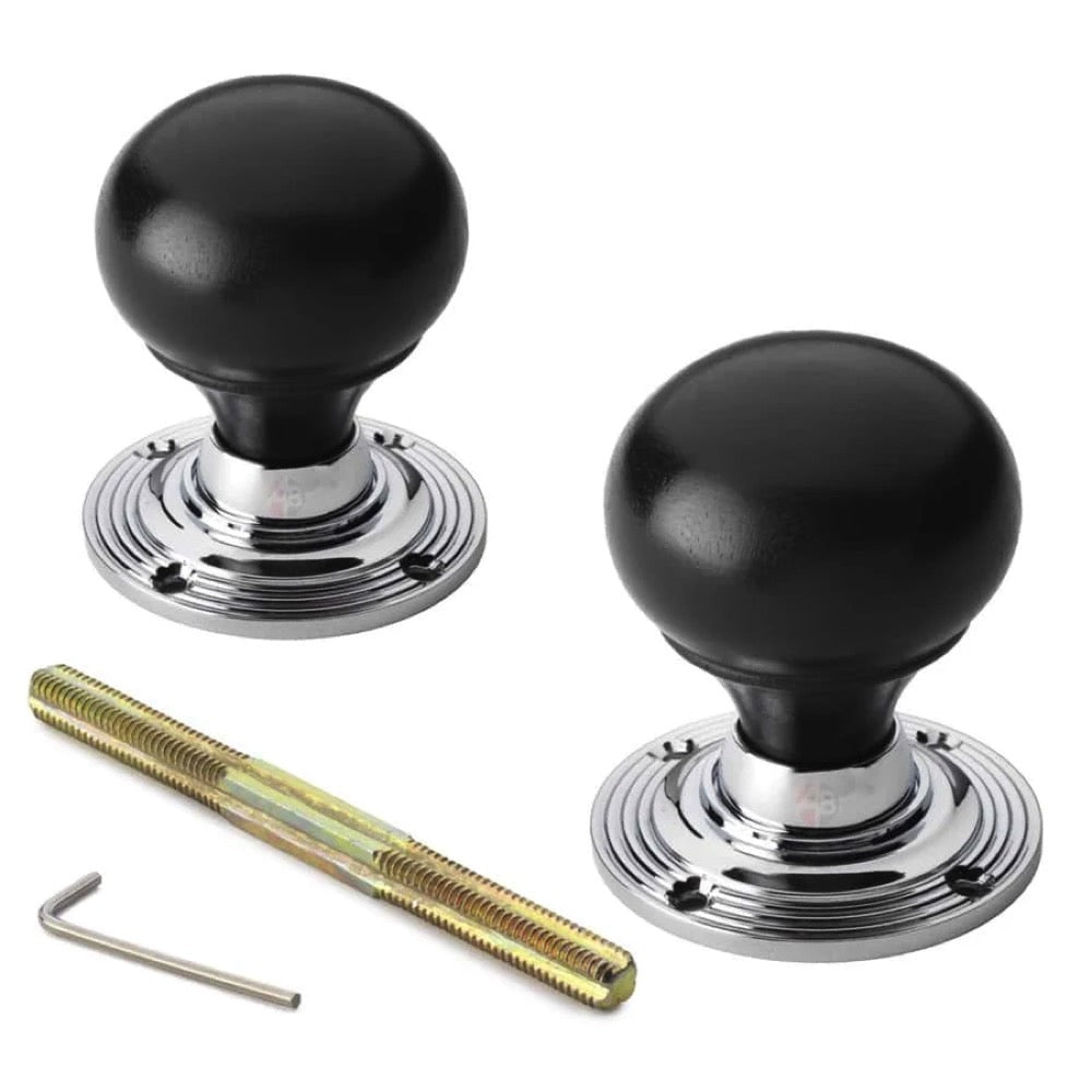 Black Brass Rim Latch Lock Ebonised Polished Chrome Bun Door Knobs