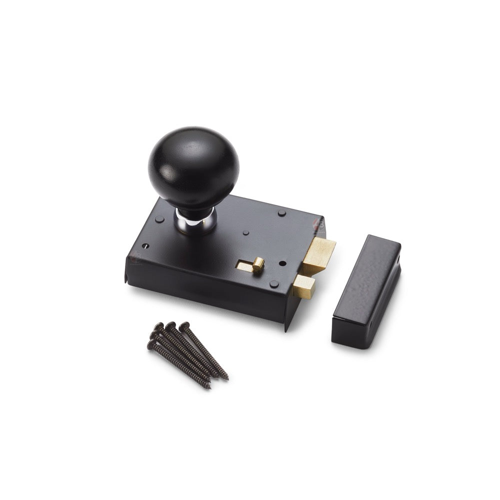 Black Brass Rim Latch Lock Ebonised Polished Chrome Bun Door Knobs