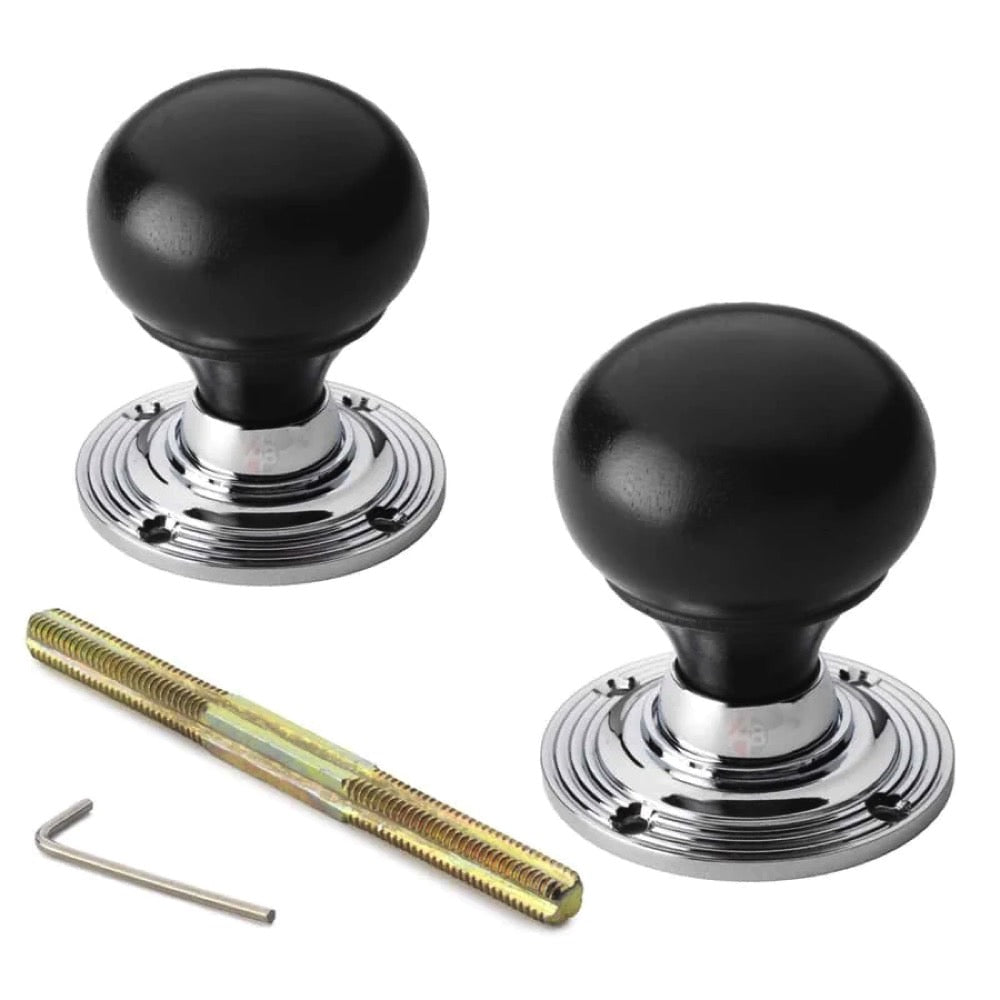 Cast Iron Floral Rim Lock Ebonised Polished Chrome Bun Door Knobs