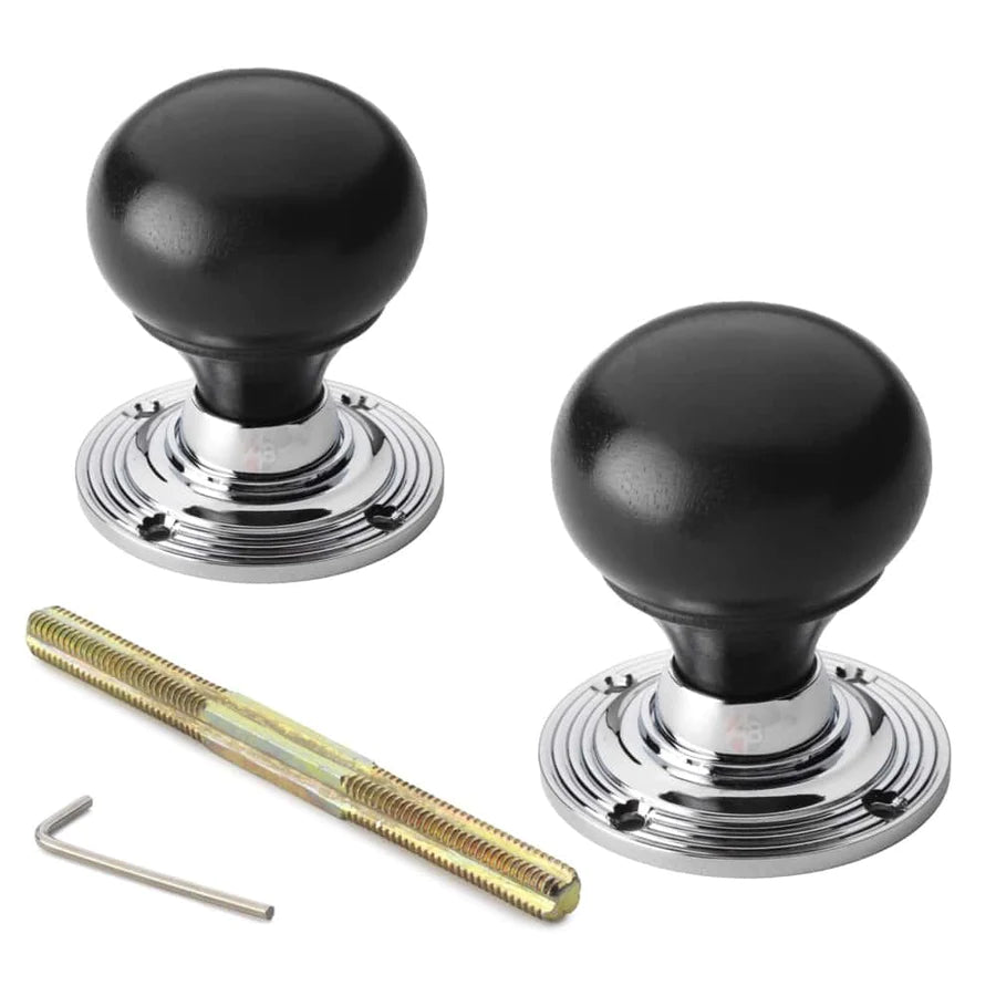 Large Victorian Gothic Rim Lock Ebonised Polished Chrome Bun Door Knobs