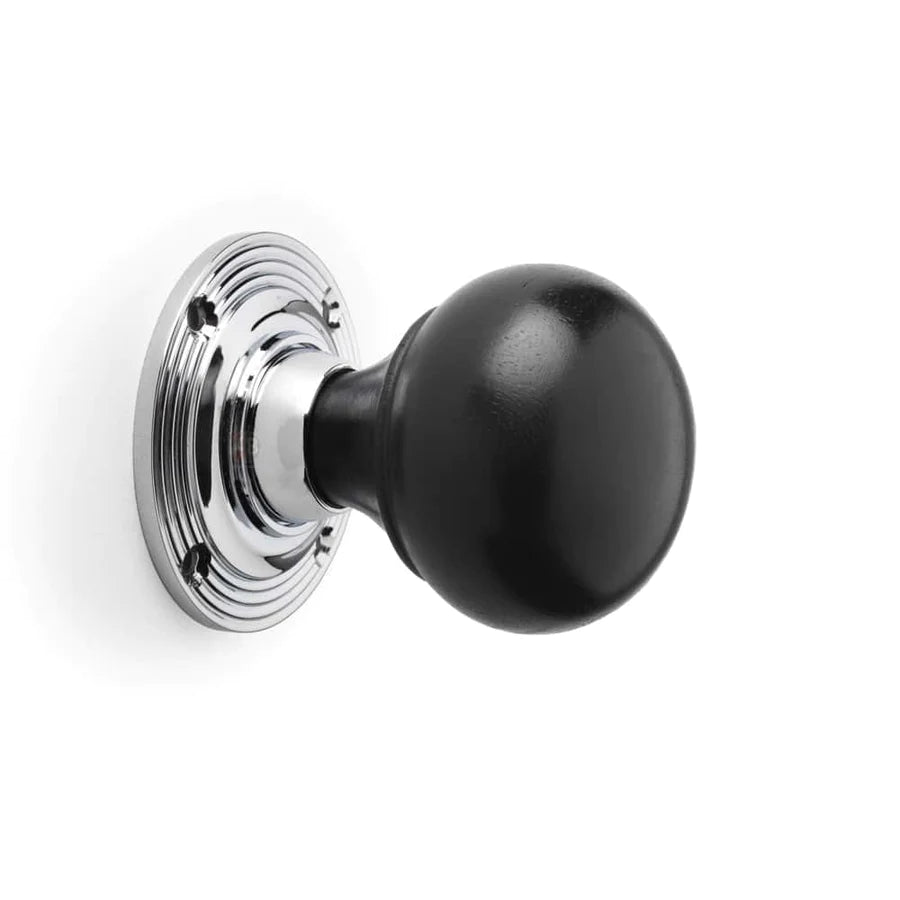 Large Victorian Gothic Rim Lock Ebonised Polished Chrome Bun Door Knobs