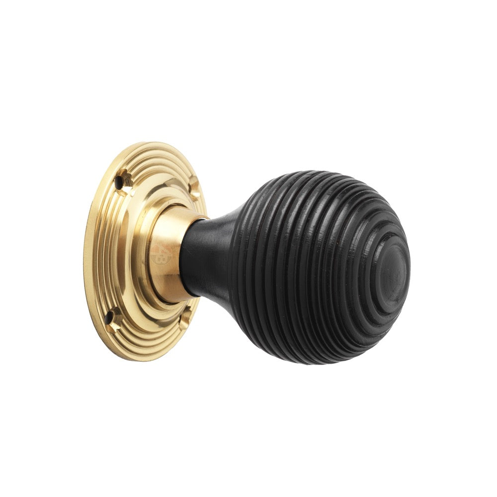 Black Ebonised Wood & Solid Brass Beehive Door Knobs