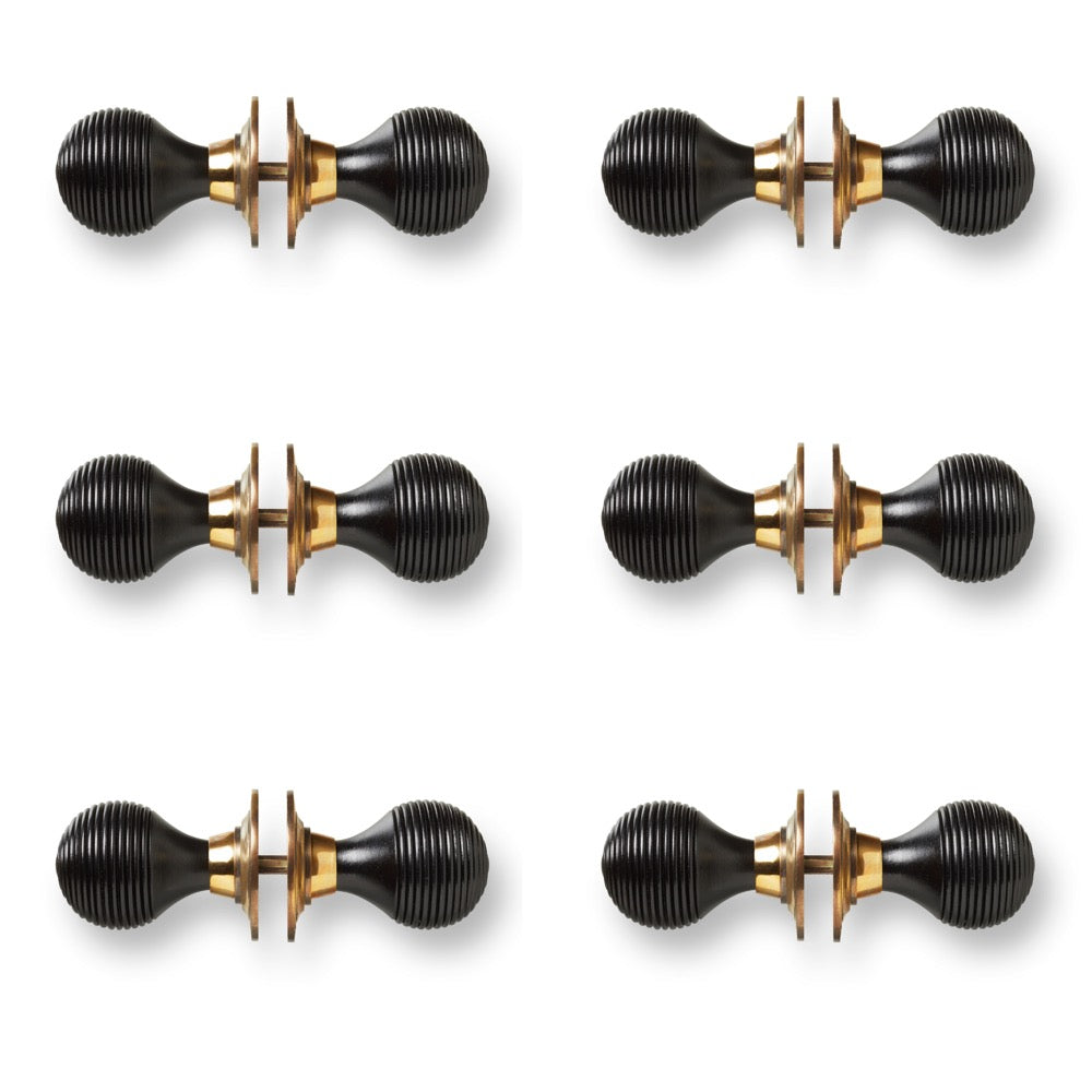 6 Pairs of Ebony Polished Brass Beehive Door Knobs