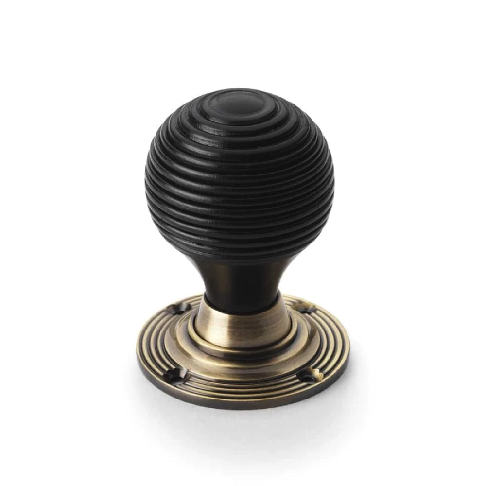 Large Victorian Gothic Rim Lock Ebonised Antique Brass Beehive Door Knobs