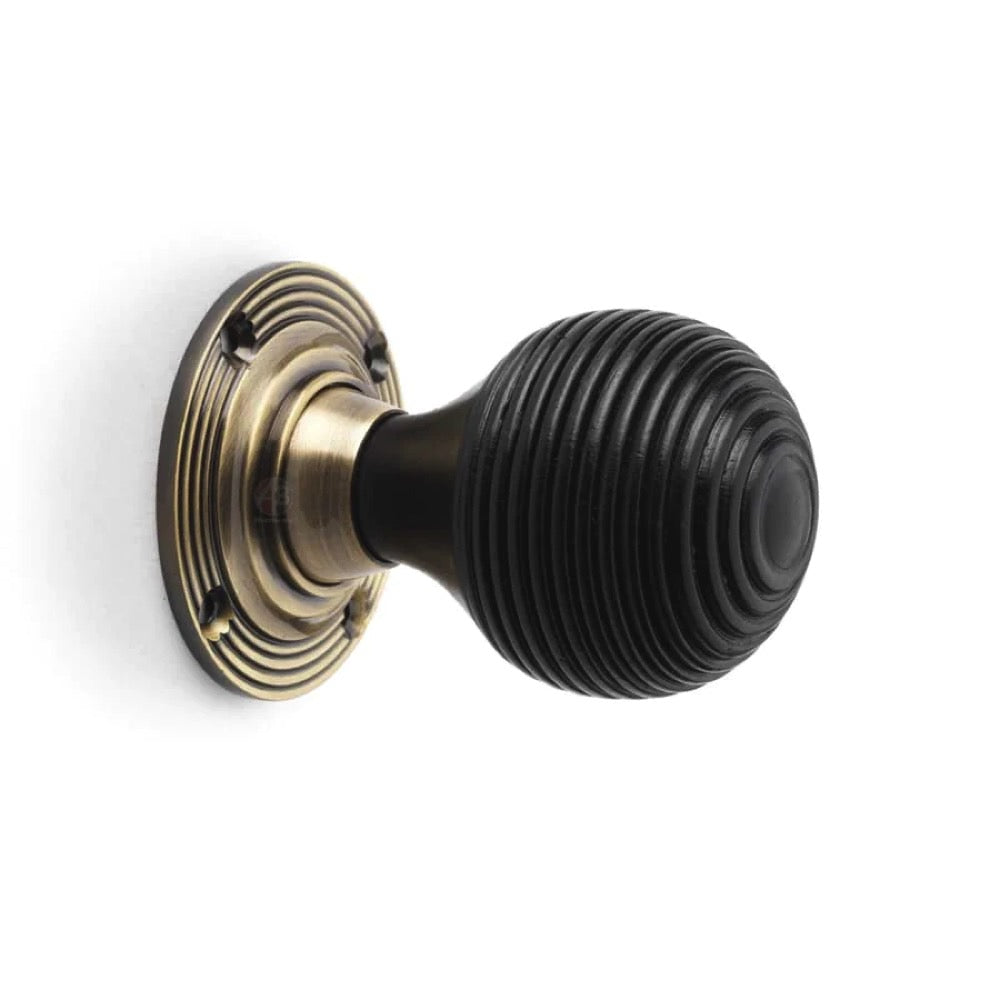 Large Victorian Gothic Rim Lock Ebonised Antique Brass Beehive Door Knobs