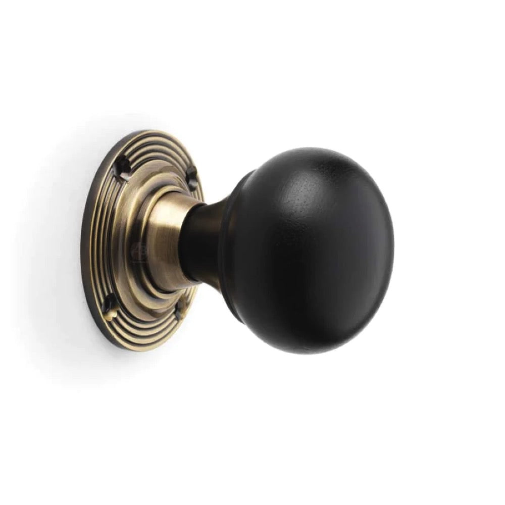 Large Victorian Gothic Rim Lock Ebonised Antique Brass Bun Door Knobs