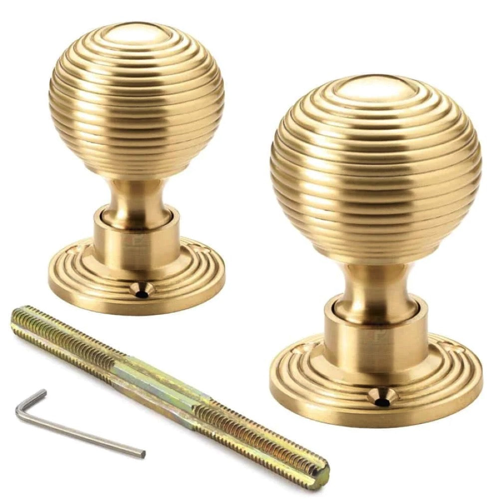 Large Victorian Gothic Rim Lock Hollow Satin Brass Beehive Door Knobs