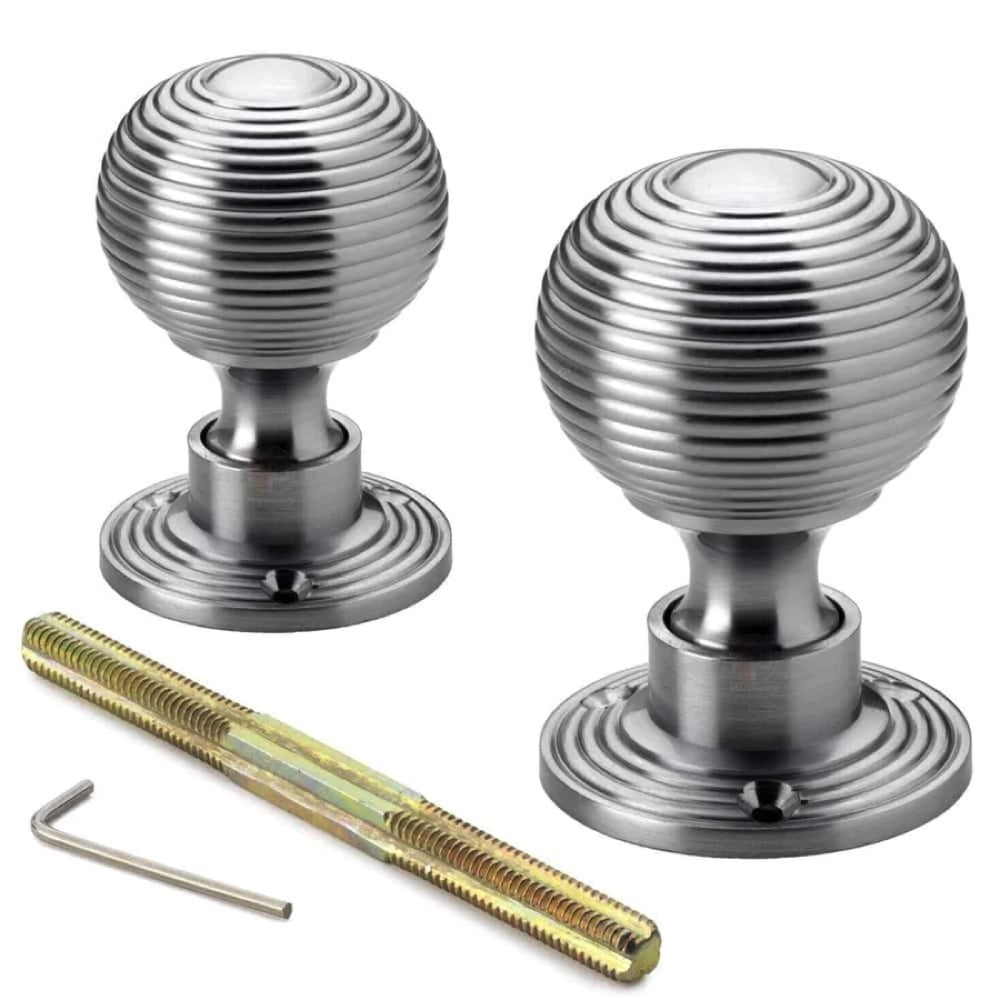 Large Victorian Gothic Rim Lock Hollow Satin Chrome Beehive Door Knobs