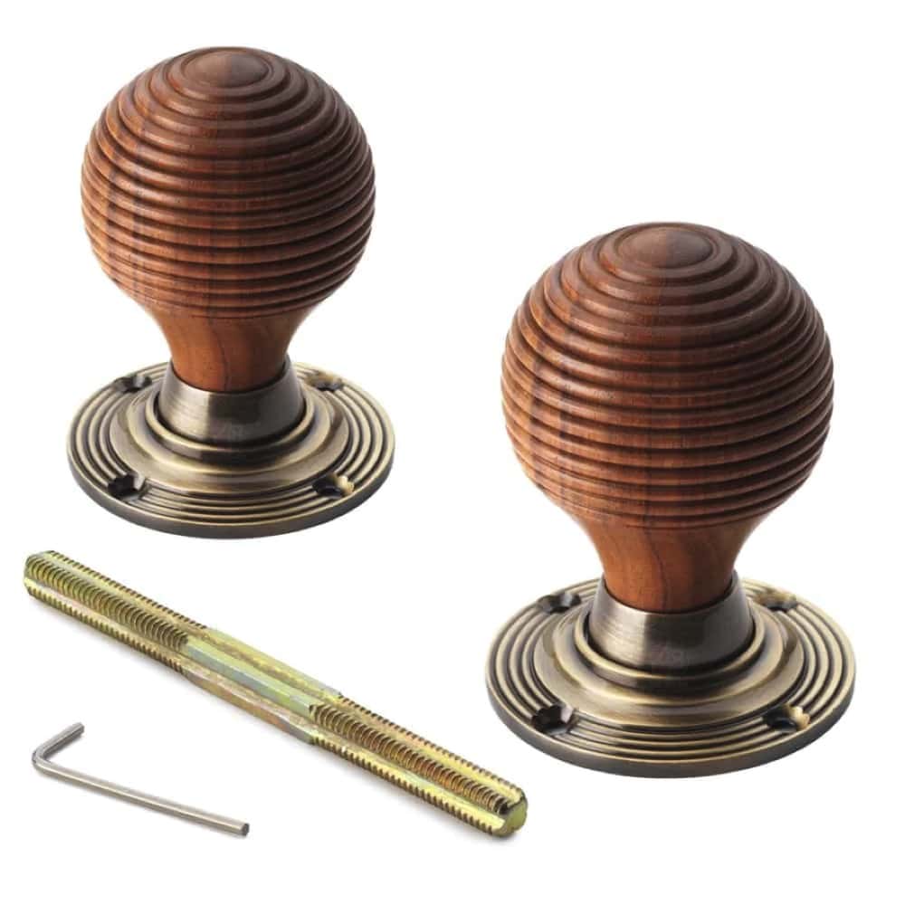 Large Victorian Gothic Rim Lock Rosewood Antique Brass Beehive Door Knobs