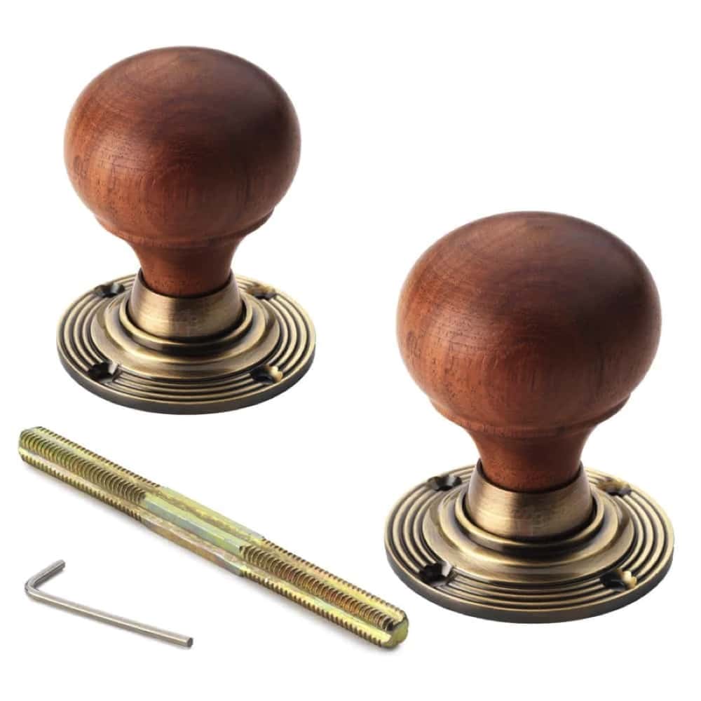 Large Victorian Gothic Rim Lock Rosewood Antique Brass Bun Door Knobs