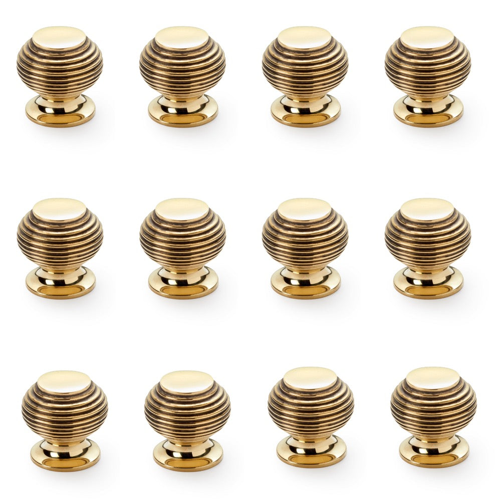 pack of 12 small aged brass beehive cupboard door knobs