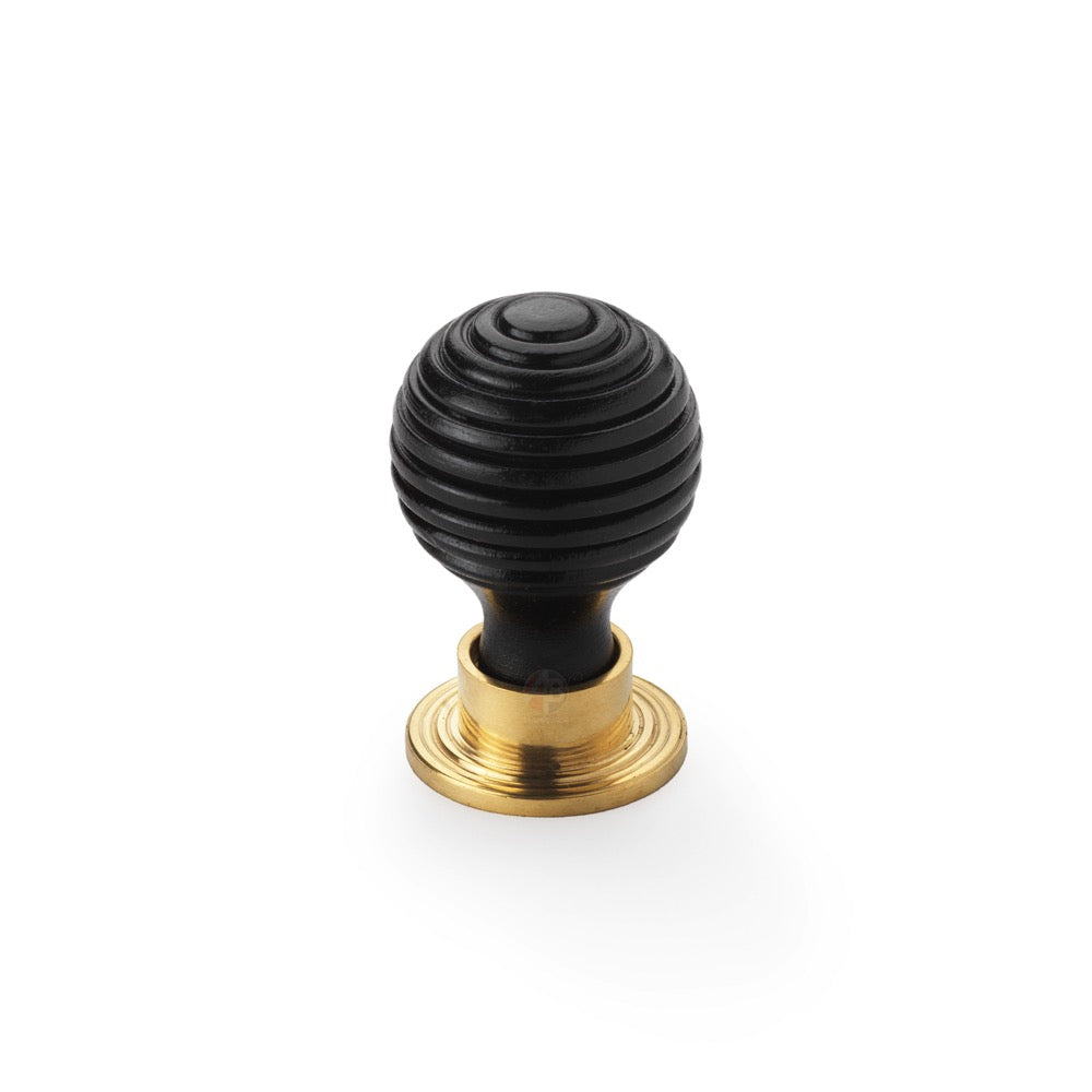 Small ebonised black polished brass beehive cupboard door knob