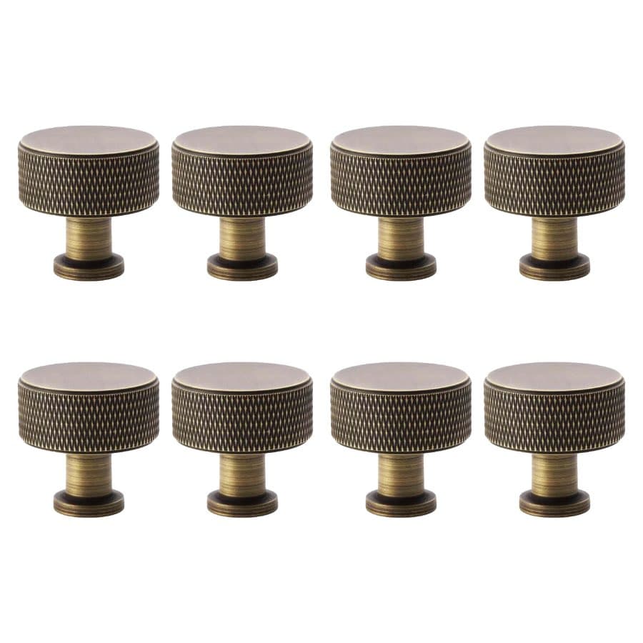 Pack of 8 large antique brass knurled cupboard knobs