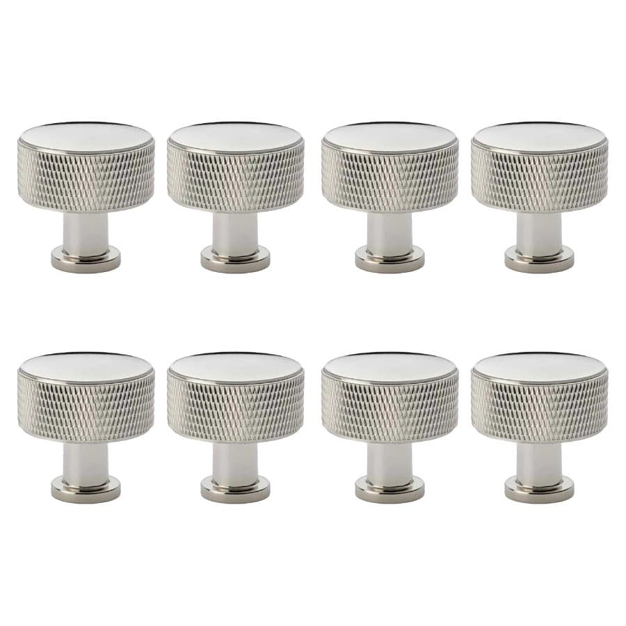 Pack of 8 large polished nickel knurled cupboard knobs