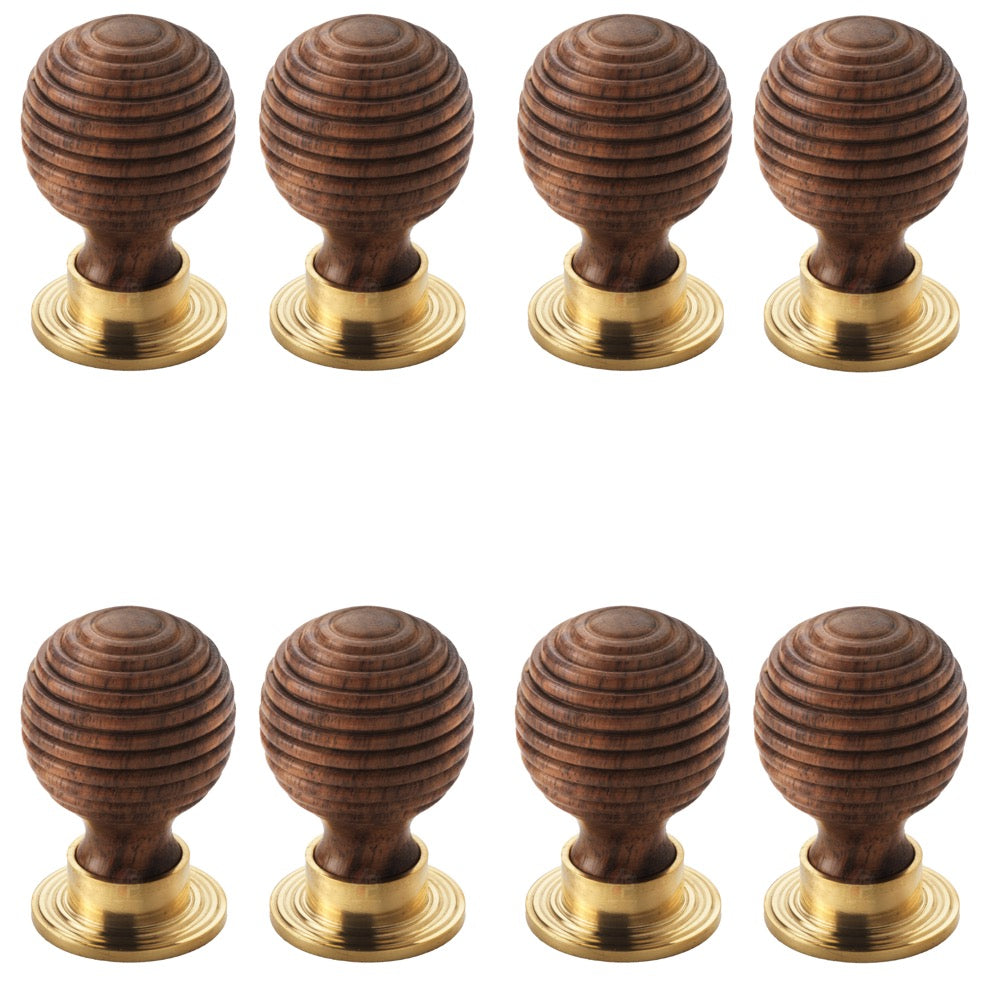 Pack of 8 large rosewood polished brass beehive cupboard door knobs